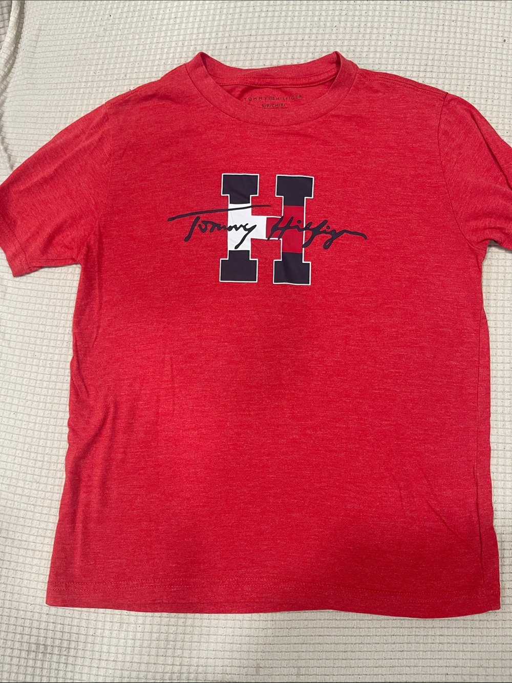 Boys Tommy Hilfiger Red Crew Neck Graphic Tee with Navy & White Logo